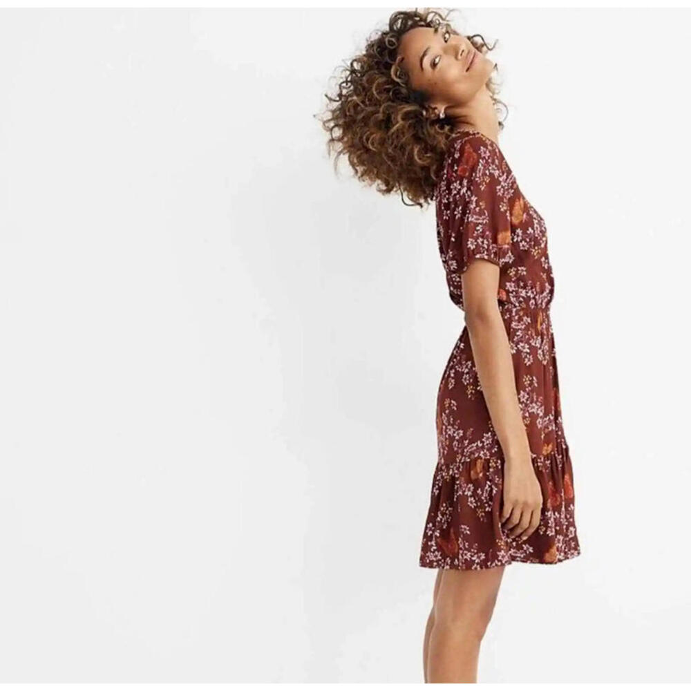 Madewell Ruffle Wrap Dress Windowbox Floral Butterfly Burgundy Short Sleeve 6 - Picture 7 of 9